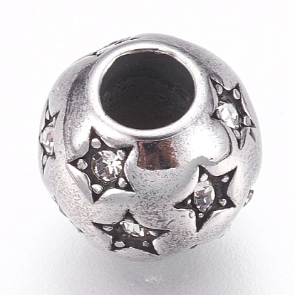 304 acier inoxydable perles européennes, Perles avec un grand trou   , avec strass, rondelle avec étoile