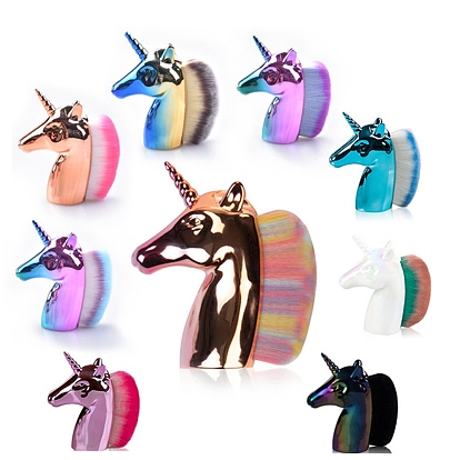 Brocha de maquillaje de base de fibra con forma de unicornio, herramientas de maquillaje cosmético facial de mujer, mango de plástico