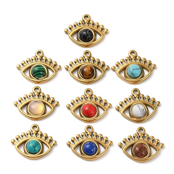 Gemstone Eye Pendants, Golden Plated 304 Stainless Steel Eye Charms