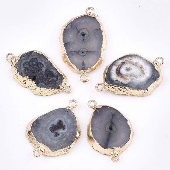 Electroplate Natural Druzy Agate Links Connectors, with Iron Findings, Dyed, Golden