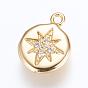 Brass Charms, with Cubic Zirconia, Flat Round with Star