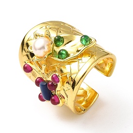 Кольцо-манжета «кошачий глаз» с бабочкой и бусинами из натурального жемчуга, стойка гальваническая латунь широкое кольцо для женщин