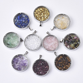Dyed/Electroplate Natural Gemstone or Rhinestone Pendants, with Transparent Glass and 304 Stainless Steel Open Back Cabochon Settings, Flat Round