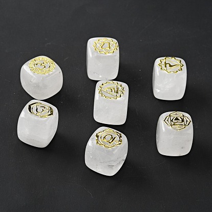 7Pcs 7 Styles Natural Quartz Crystal Beads, with Long-Lasting Plated Golden Tone Brass Chakra Pattern Slices, Lead Free & Cadmium Free, No Hole, Cube