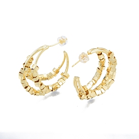Brass Cube Beaded Crescent Moon Stud Earrings, Chunky Half Hoop Earrings for Women