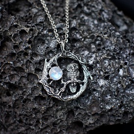 Bague en pierre de lune synthétique avec collier pendentif hibou, bijoux en alliage pour femmes