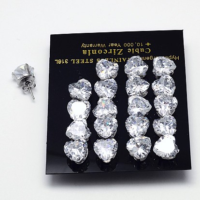 Cubic Zirconia Stud Earrings, with 304 Stainless Steel Bases, 316 Surgical Stainless Steel Pin, Grade AAA, Heart, Pin: 0.8mm