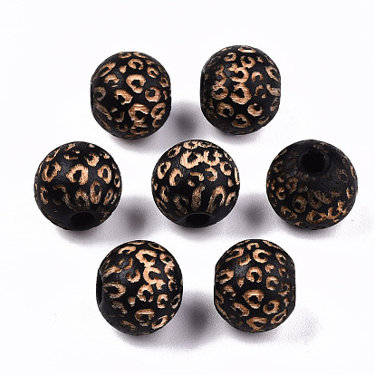 Painted Natural Wood Beads, Macrame Beads Large Hole, Laser Engraved Pattern, Round with Leopard Print