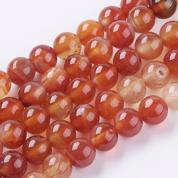 Natural Striped Agate/Banded Agate Beads Strands, Dyed, Round, FireBrick