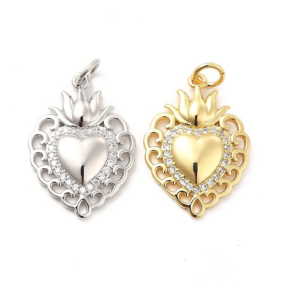 Rack Plating Brass Micro Pave Cubic Zirconia Pendants, Sacred Heart Charm, Mexican Milagro Flaming Holy Heart Pendant, Long-Lasting Plated, with Jump Rings, Cadmium Free & Lead Free