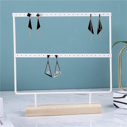 2-Tier Iron Earring Display Stands with Wooden Base, Tabletop Jewelry Organizer Rack for Earrings Storage, Rectangle