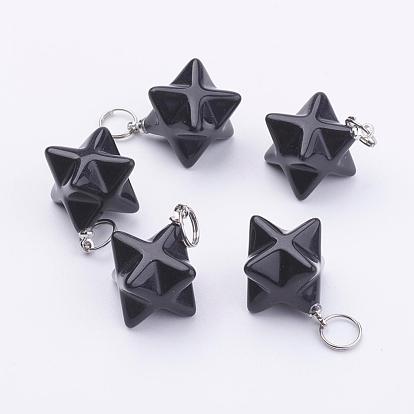 Gemstone Pendants, with 201 Stainless Steel Split Rings, Stainless Steel Color, Merkaba Star