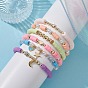 6Pcs 6 Style Polymer Clay & ABS Plastic Pearl Beaded Stretch Bracelets Set, Brass Star & Heart & Moon Charms Stackable Bracelets