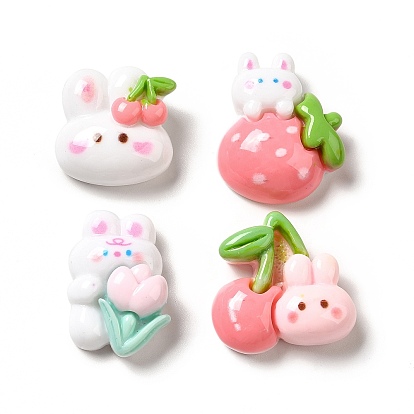 Opaque Resin Cabochons, Rabbit with Cherry/Strawberry/Flower