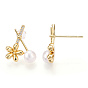 Natural Pearl Stud Earrings, Flower Brass Micro Pave Clear Cubic Zirconia Earrings with 925 Sterling Silver Pins