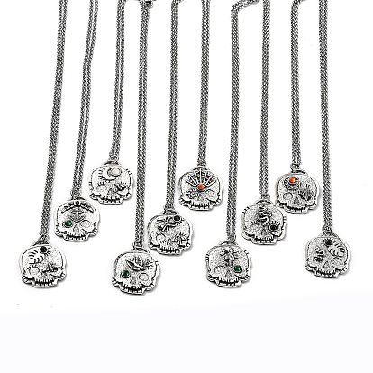 Collares colgantes de diamantes de imitación de calavera con cadenas rolo, joyería de aleación para hombres mujeres