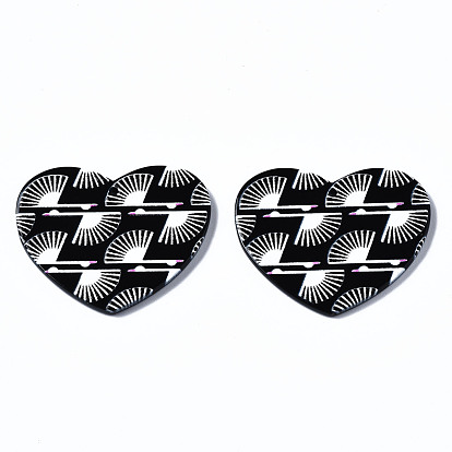 3 d pendentifs en acrylique imprimés, noir et blanc, coeur avec motif éventail