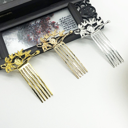 Alloy Hair Comb Finding, Flat Round Cabochon & Enamel Settings, with Iron Comb, Flower