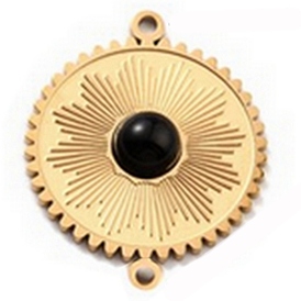Natural Black Agate Connector Charms, with Ion Plating(IP) 304 Stainless Steel Findings, Real 24K Gold Plated, Flat Round