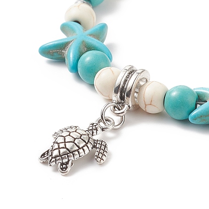 Bracelet à breloques tortue en alliage avec bracelet en perles d'étoile de mer turquoise synthétique (teint) pour femmes