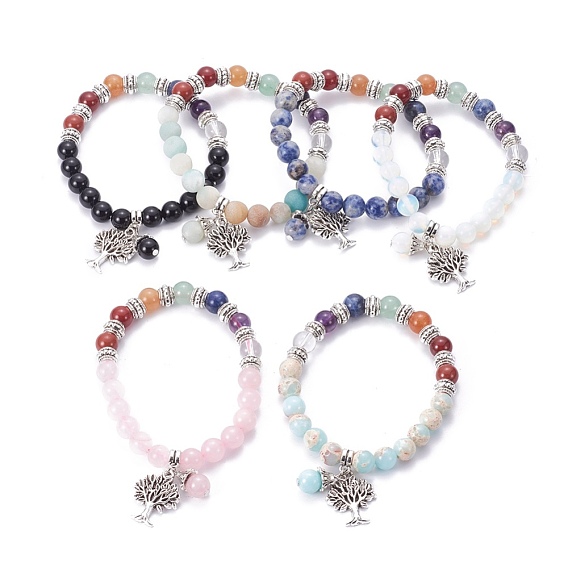 Chakra Jewelry, Natural/Synthetic Gemstone Bracelets, with Metal Tree Pendants