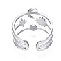 304 Stainless Steel Moon and Star Open Cuff Ring, Chunky Hollow Ring for Women