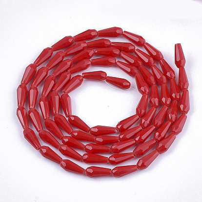 Opaque Solid Color Glass Beads Strands, Imitation Jade, Faceted, Teardrop