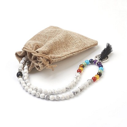 Dual-use Items,Four Loops atural Howlite Wrap Bracelets/Necklaces, with Alloy Findings, Mixed Stone and Resin, Lotus, Chakra, Burlap Packing