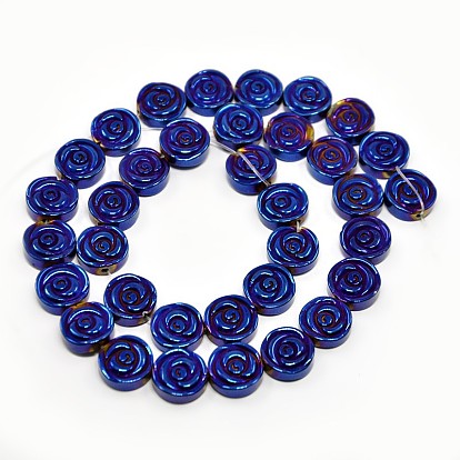 Electroplate Gorgeous Flat Round Carved Rose Non-magnetic Synthetic Hematite Beads Strands, 12x4mm, Hole: 1mm, about 34pcs/strand, 15.7 inch