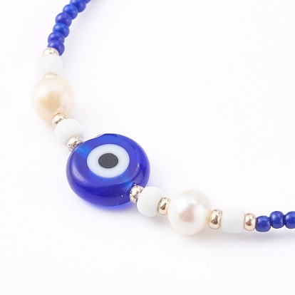 Glass Seed Beaded Bracelets, with Natural Pearl Beads and Evil Eye Lampwork Beads