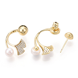Boucles d'oreilles à tige en forme de feuille de ginkgo, perles naturelles, devant et derrière, avec zircone cubique, boucle d'oreille pendante en laiton avec des épingles en argent sterling