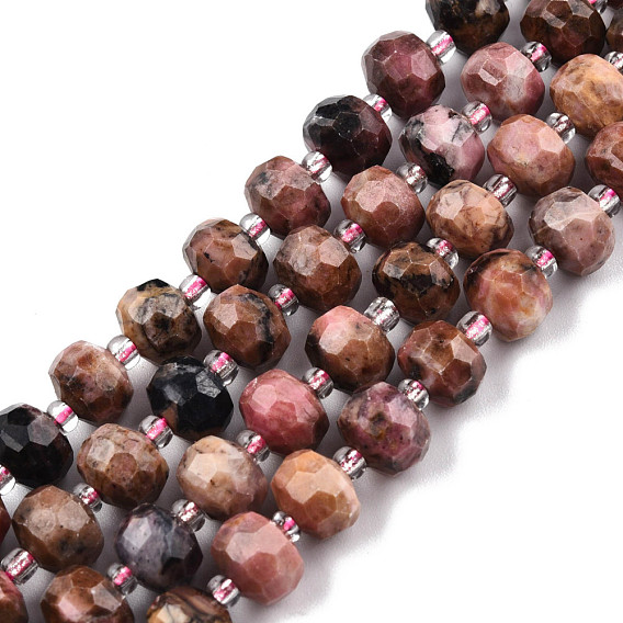 Natural Rhodonite Beads Strands, with Seed Beads, Faceted, Rondelle