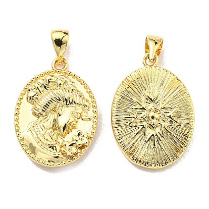 Rack Plating Brass Pendants, Lead Free & Cadmium Free, Long-Lasting Plated, Oval with Human Charm