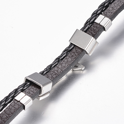 Cuir bracelets de corde tressée, avec 304 accessoire en acier inoxydable, Rectangle avec crucifix