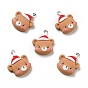 Christmas Opaque Resin Pendants, with Platinum Tone Iron Loops, Bear with Christmas Hat Charm