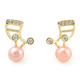 Pearl Pink Natural Pearl Musical Note Stud Earrings with Cubic Zirconia, Brass Earrings with 925 Sterling Silver Pins for Women