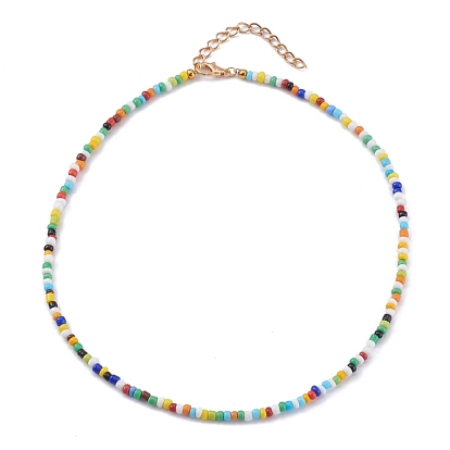 Colliers de perles de rocaille en verre rond, avec alliage homard fermoirs pince, or