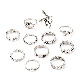 Zinc Alloy Finger Ring Sets, Hollow, Flower & Leaf & Snake & Rose & Star & Wave