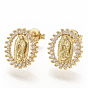 Brass Micro Pave Clear Cubic Zirconia Stud Earrings, for Religion, with Earring Backs, Oval with Virgin, Real 16K Gold Plated