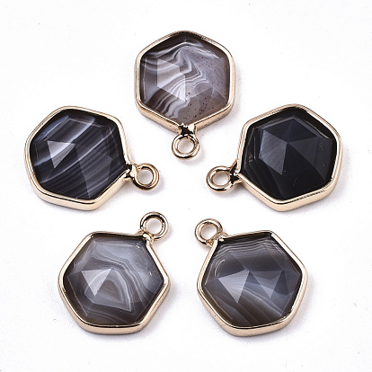 Natural Gemstone Charms, with Light Gold Plated Brass Edge and Loop, Hexagon, Faceted