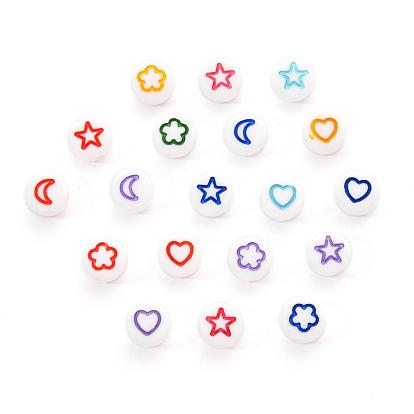 Perles acryliques opaques blanches, plat rond avec coeur & fleur & lune & étoile