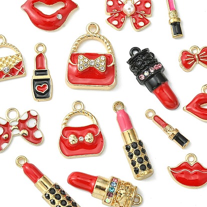 Pendentifs en émail d'alliage de style 16, avec strass en cristal et perles d'imitation en plastique ABS, lèvre/rouge à lèvres/rouge à lèvres/sac