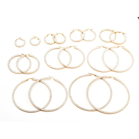 304 Stainless Steel Hoop Earrings, with Polymer Clay Rhinestones, Flat Ring Shape
