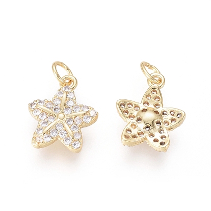 Brass Charms, with Clear Cubic Zirconia and Jump Rings, Starfish/Sea Stars