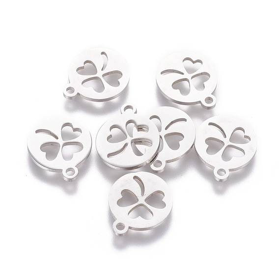 201 Stainless Steel Charms, Flat Round with Clover