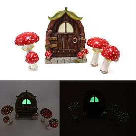 Luminous Miniature Resin Imitation Wood Door & Mushrooms, Glow in the Dark, for Micro Landscape, Dollhouse Decor