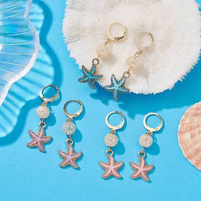 Boucles d'oreilles créoles en quartz craquelé synthétique étoile de mer, boucles d'oreilles pendantes en alliage pour femmes
