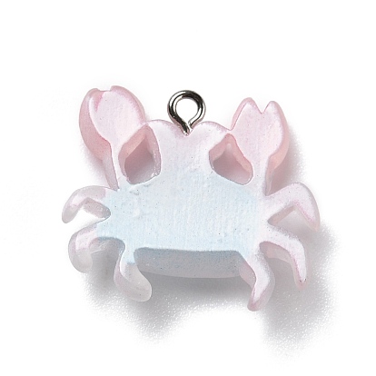 Opaque Resin Pendants, with Platinum Tone Iron Loops, Frosted, Crab