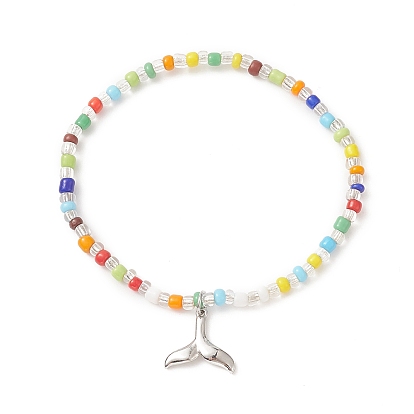 Colorful Seed Beaded Stretch Bracelet with Brass Charms for Women