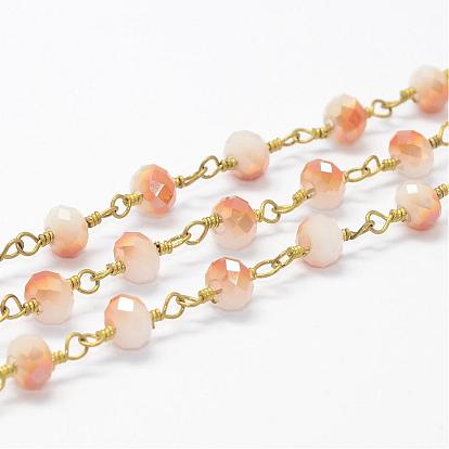 Chaînes de perles faites à la main, avec bobine, non soudée, perles de verre galvaniques avec les accessoires en laiton, facettes rondelle